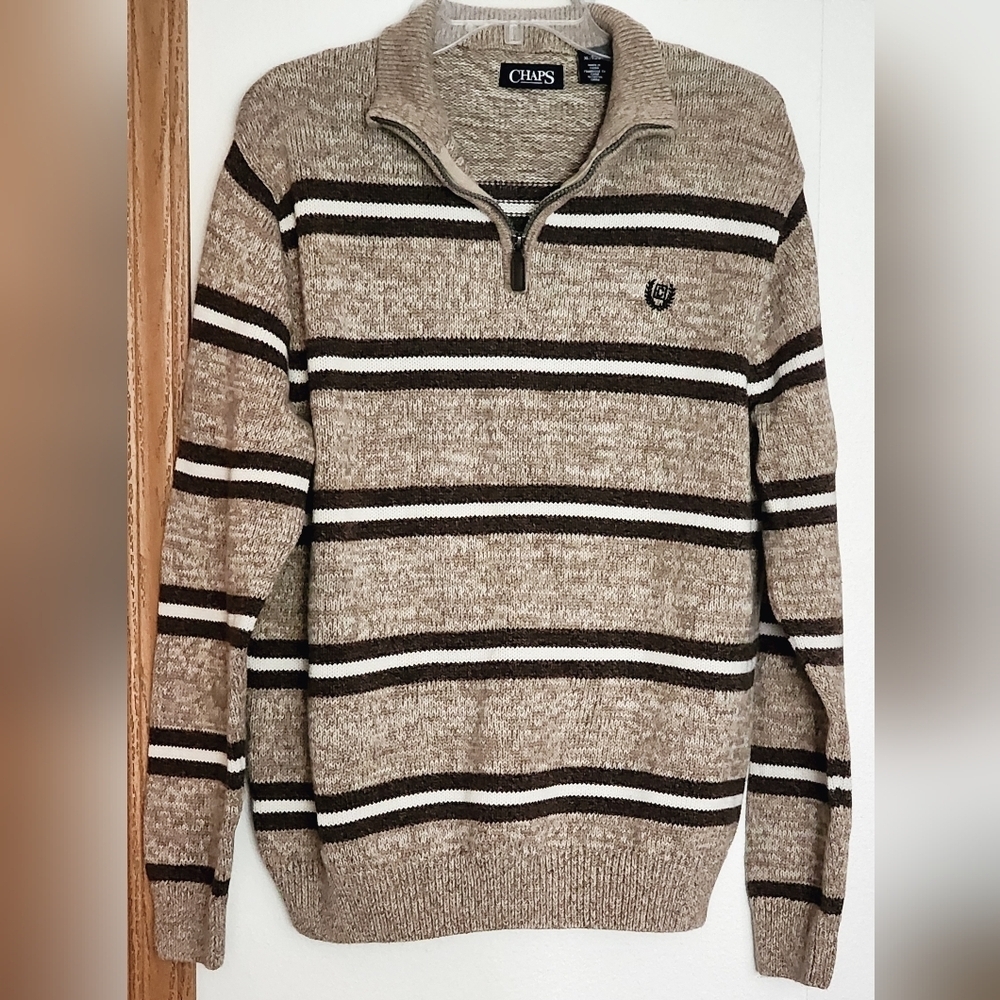 Chaps Men's 1/4 Zip Mock Neck Brown & Tan/Beige Striped Sweater Sz XL/TG/EG
